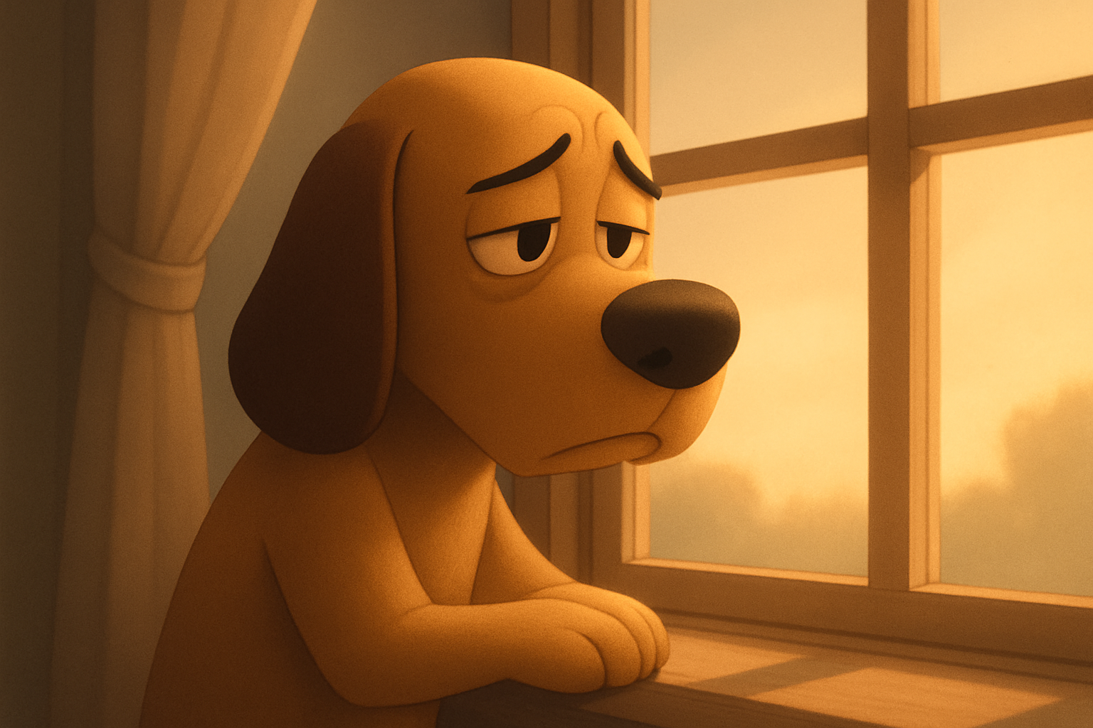 Cachorro olhando pela janela com expressão triste, enquanto uma pessoa