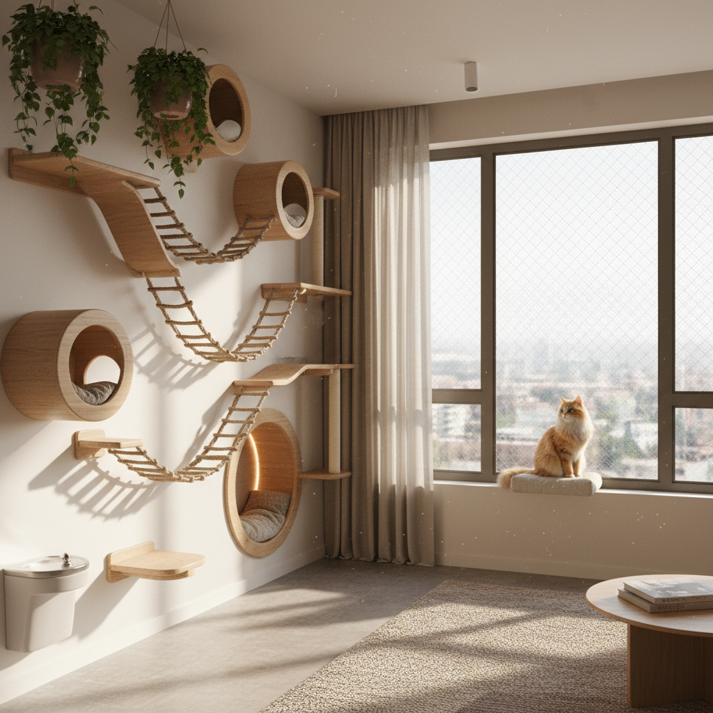 Um gato cinza explorando uma prateleira de parede elegante em uma sala