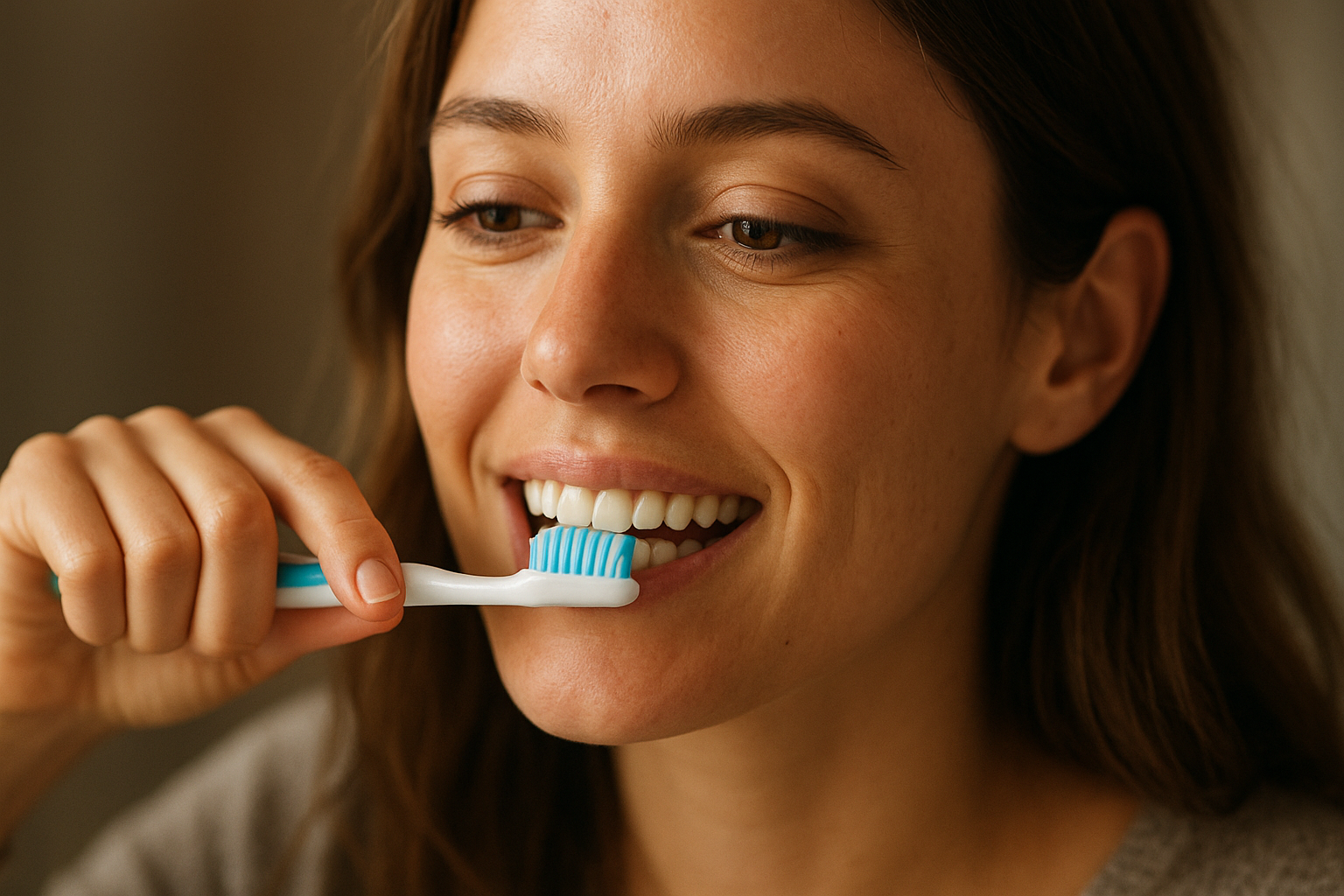 Tutor sorrindo escovando os dentes de um cachorro calmo e relaxado em um ambiente doméstico bem iluminado.