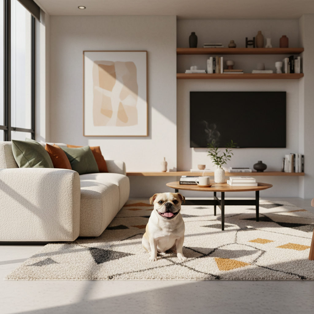 Um Bulldog Francês descansando confortavelmente em um sofá moderno de um